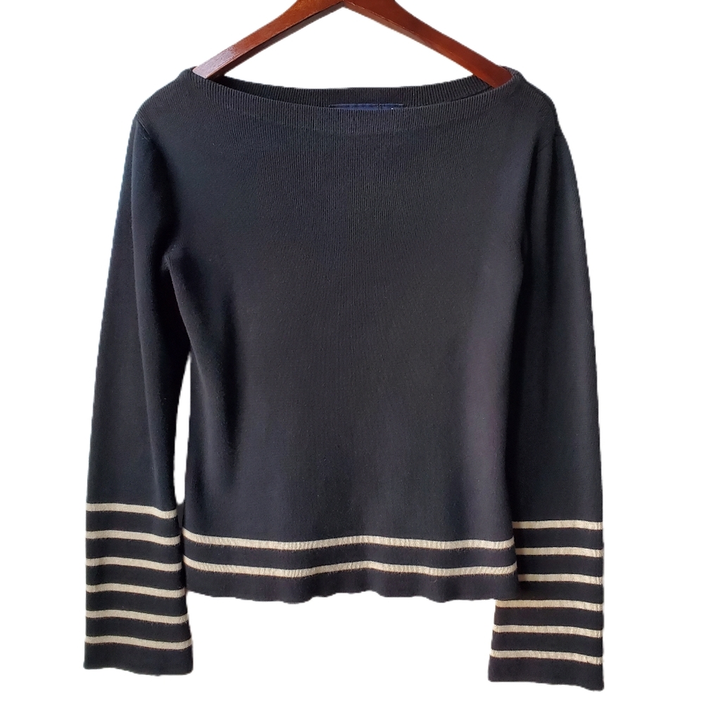 Vtg Liz Claiborne LIZSPORT Long Bell Sleeve Boat Neck Striped Blouse Size Small